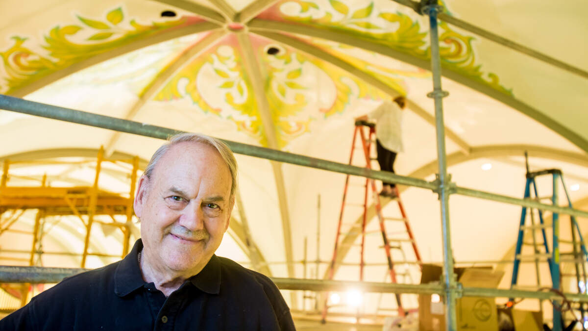 Artist Christian Thee is renovating the artwork of the ceiling about fifty feet above the floor of St. Peter’s Catholic Church in downtown Columbia. The church ceiling is being renovated following water damage. 8/15/18.