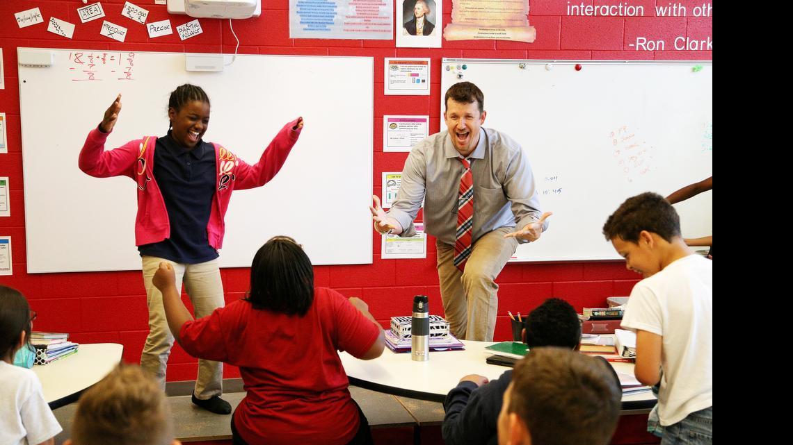 
Tal Thompson, a Lake Carolina Elementary Upper Campus teacher, sings along with his fourth grade class, performing one of their many educational songs set to popular music. He is one of four finalists for Top Teacher 2015, a national search that was conducted by LIVE with Kelly and Michael television show.
