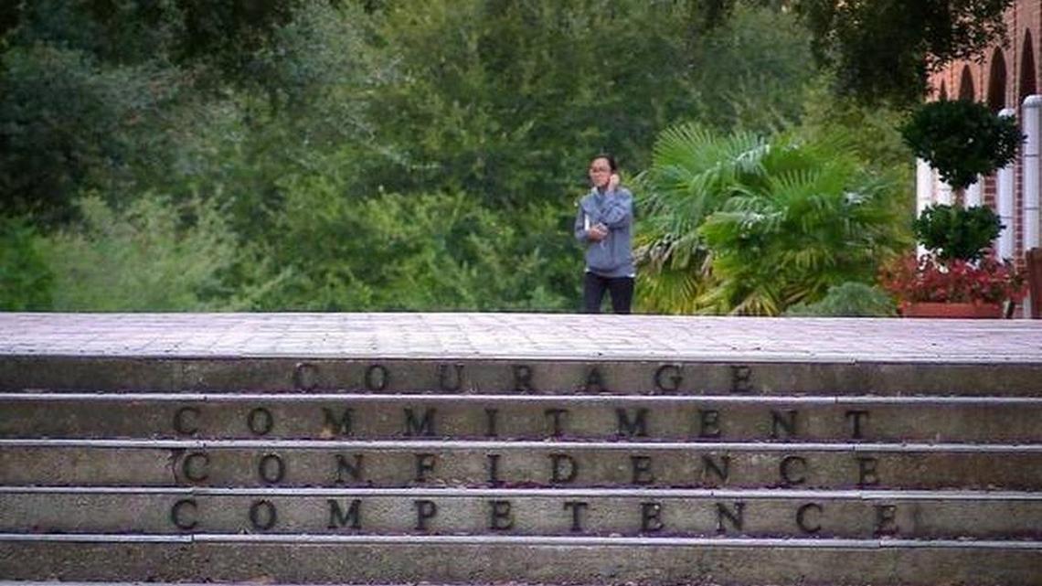 A student walks across the campus of Columbia College in this file photo.