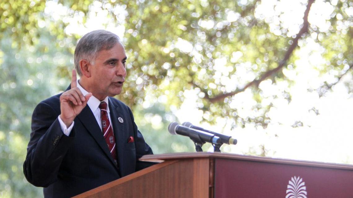 FILE: President Harris Pastides delivers the annual State of the University to a crowd gathered on the historic Horseshoe.