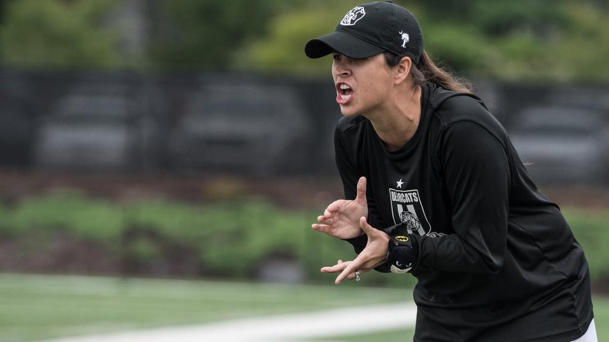 Then-Brookland-Cayce head coach Emily Heise yells out directions to her players during the Bearcat's Class 3A State Championship match against Indian Land in May. Heise, who is now coaching at Gray Collegiate, has filed a federal lawsuit against Brookland-Cayce and the Lexington 2 school district.