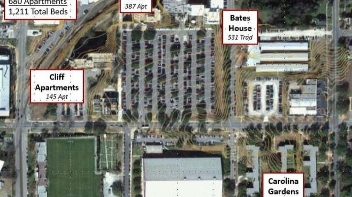 
An aerial photo, taken from a proposal for developers, shows the area that will go through a makeover on the University of South Carolina campus. The soccer stadium is in the lower left corner across from the indoor track complex.
