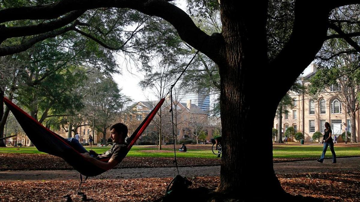 A University of South Carolina student enjoys the warm weather as he relaxes in his hammock at the Horseshoe.