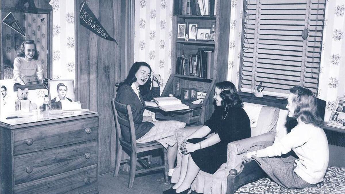 Then and now: Top photograph, one of the USC women’s dorm rooms, shown here in the 1940s; below, a recently renovated room in Patterson Hall.