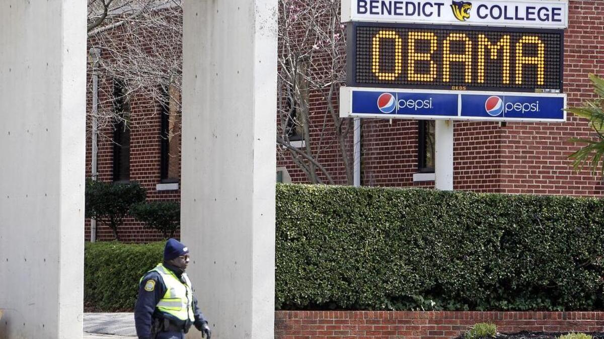 FILE: A sign welcomes President Obama to Benedict College in March 2015.