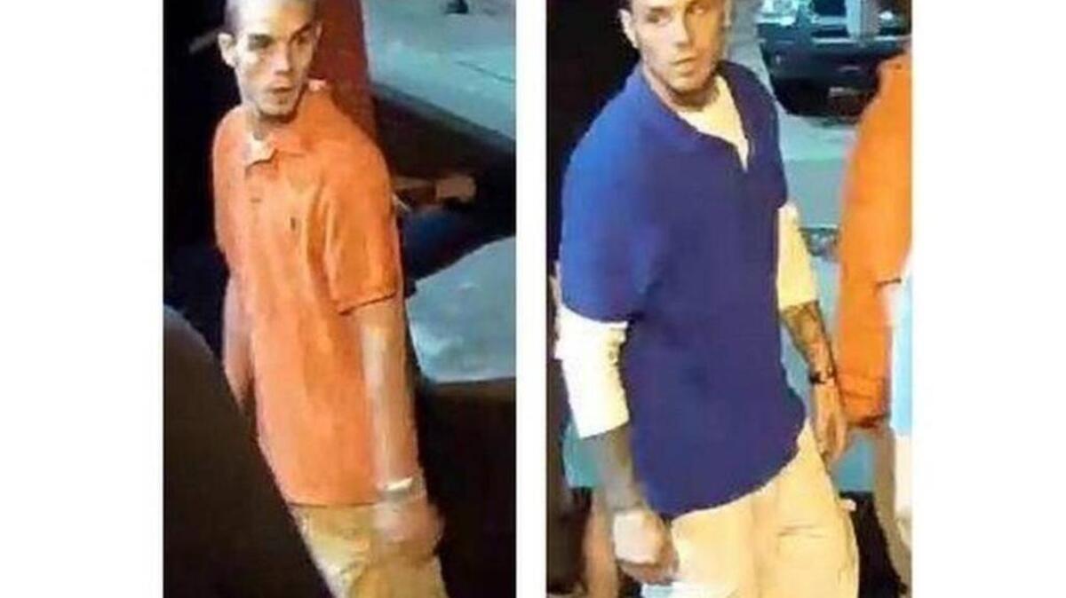 Surveillance photos of two men, Jeremy Alan Asbill (on left) and Christopher Eugene Fuller, wanted in connection to an early morning stabbing in Five Points, Oct. 13, 2015. Both suspects have been arrested.