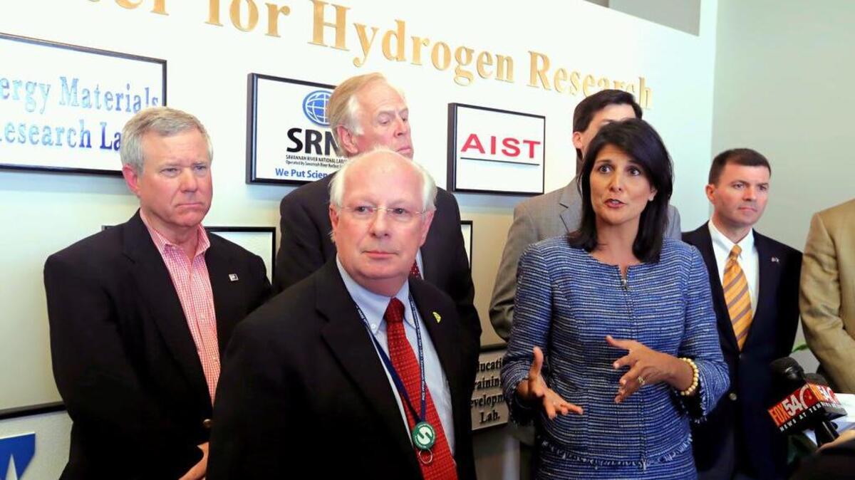FILE PHOTO (2014): South Carolina Governor Nikki Haley and legislators toured the Savannah River Site by air and ground. Afterward she and SRS site manager Dave Moody, front left, addressed the media.
