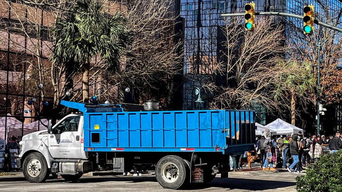 A truck bolsters the perimeter during Soda City Market along Columbia’s Main Street on Jan. 4, 2024.