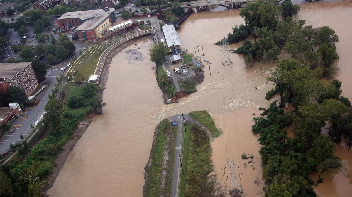 This aerial view shows the effect of the breach of the Columbia Canal, the source of water for the downtown water treatment plant, in October 2015.