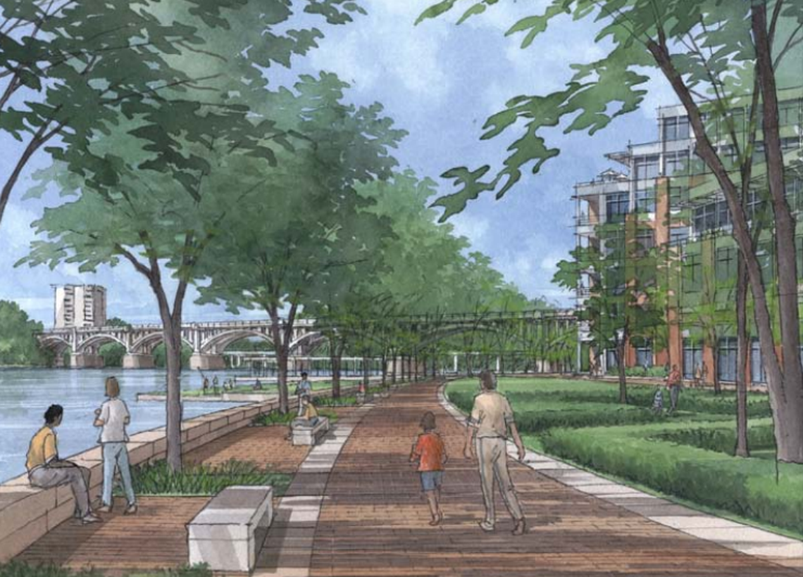 A rendering of an imagined riverfront park in downtown Columbia, from the Innovista Master Plan published July 2007.