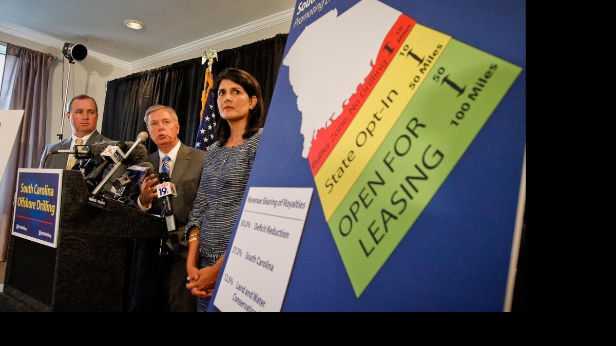 
(FILE PHOTO: 2012) Sen. Lindsey Graham, Gov. Nikki Haley, right, and Congressman Jeff Duncan, left, talk about the South Carolina Offshore Drilling Act 
