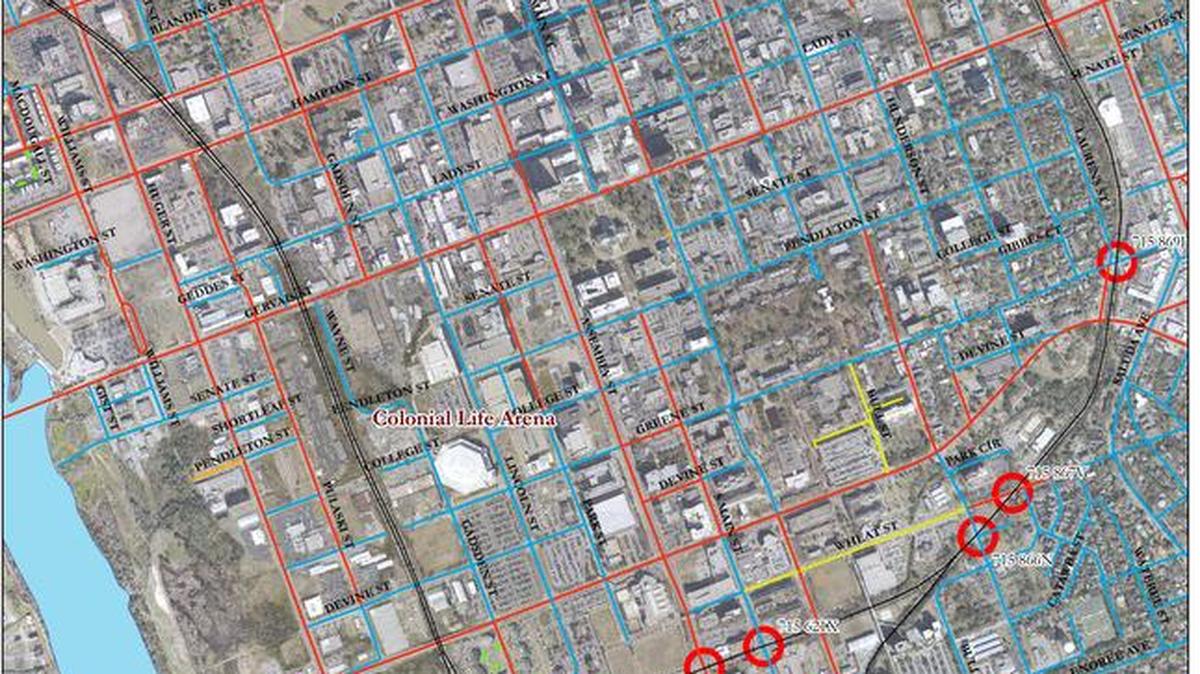 The areas marked in red indicate where road resurfacing at railroad crossings will be done during the next six weeks.