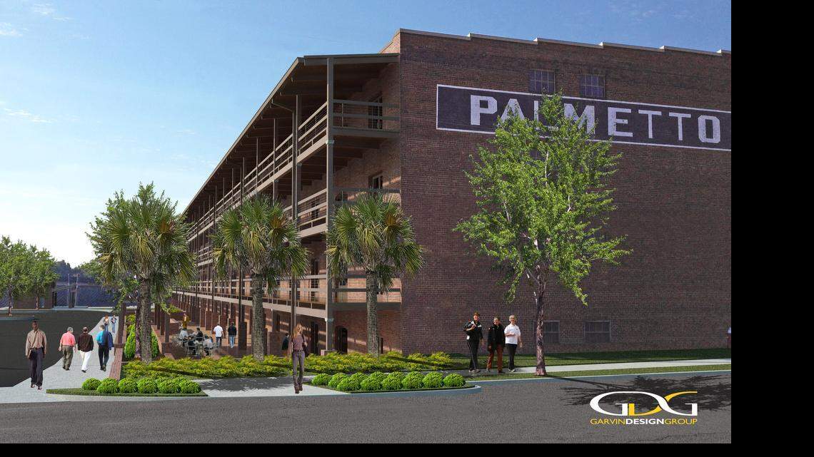 
A rendering showing a view of what restored porches along the east side of the Palmetto Compress Warehouse would look like.
