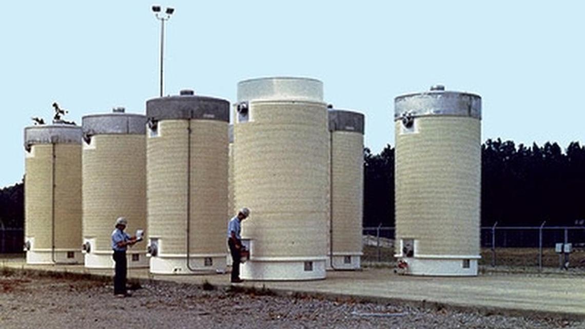 Casks of spent nuclear fuel are stored above ground at many atomic energy plants because there is no national disposal site for the material
