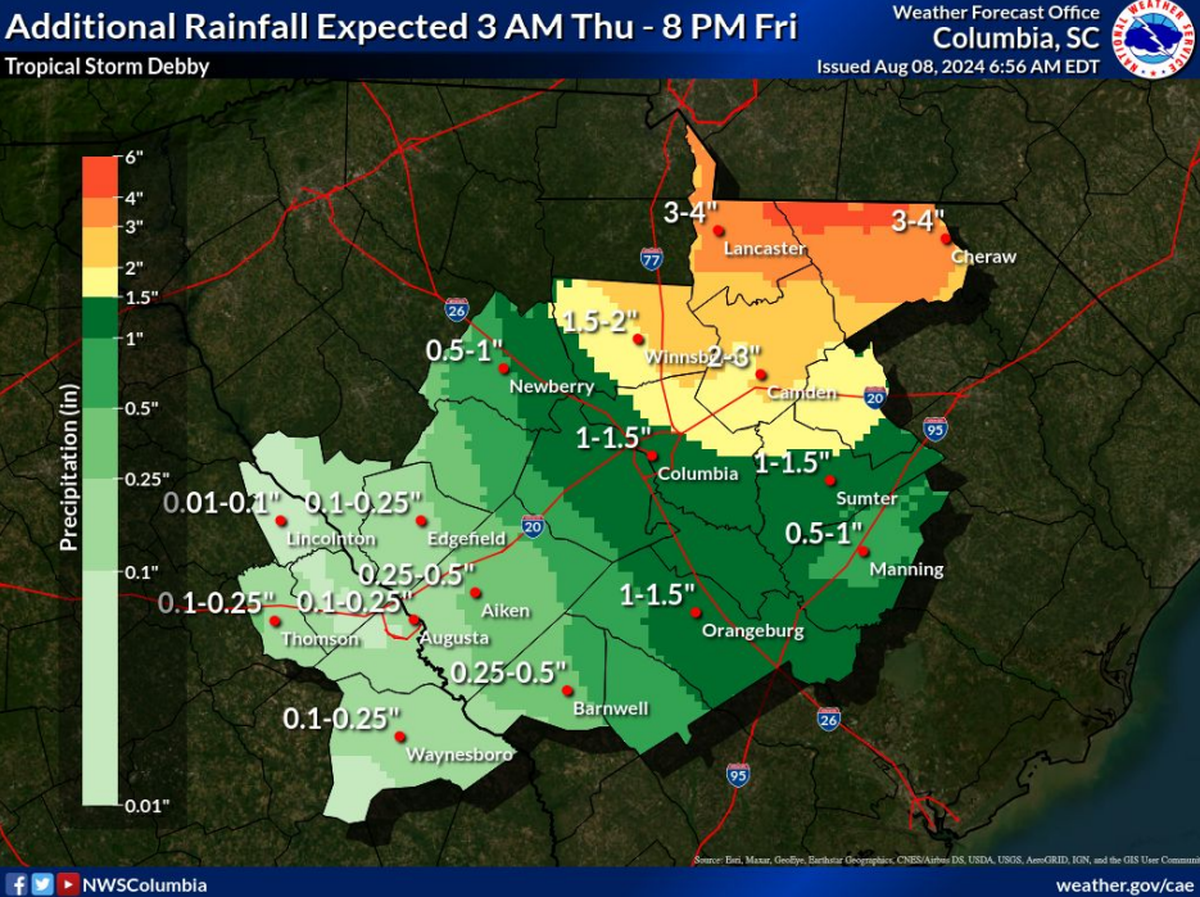 Tropical Storm Debby made landfall near Bulls Bay, SC at 2 a.m. Thursday. The Columbia area is forecast to see another 1.5 inches of rain between Thursday and Friday morning.