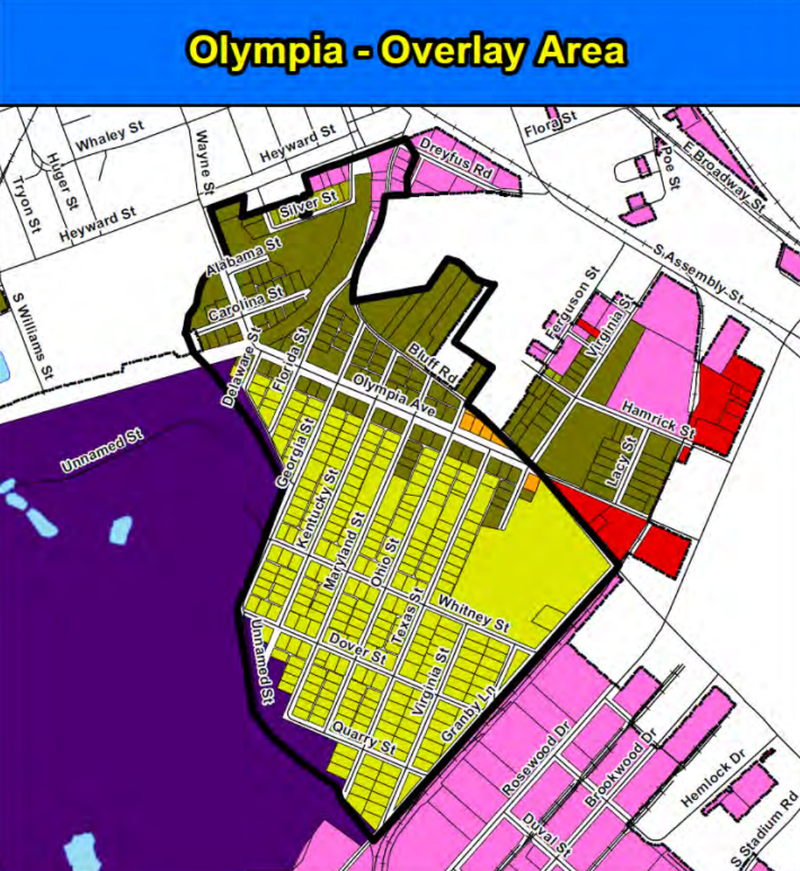 The area that would be covered by the Olympia Neighborhood Character Overlay, if approved by Richland County Council.