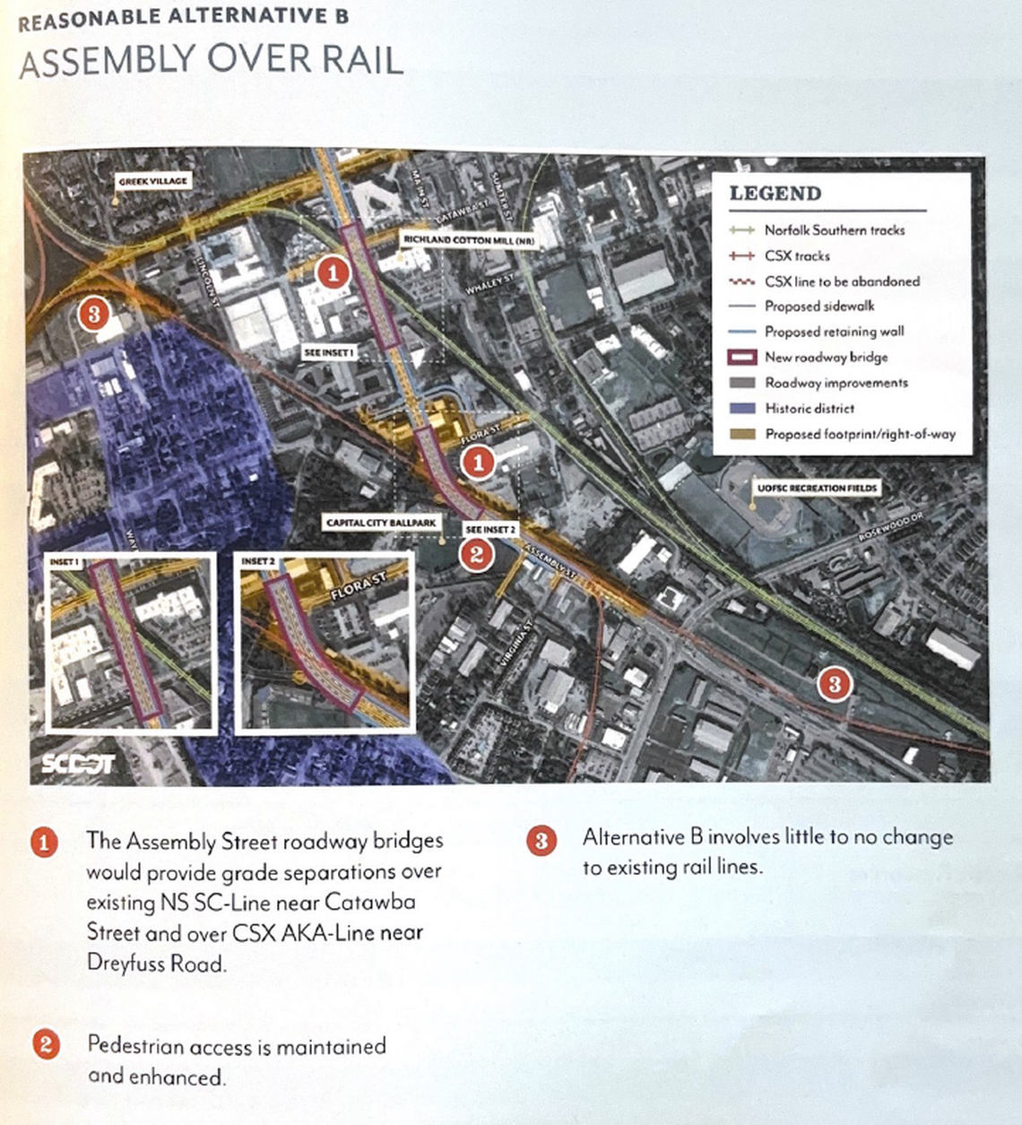 The SCDOT presented three options for what it could look like to separate the railroad from the roadway in downtown Columbia. This option proposes building vehicular bridges over the railroad tracks.