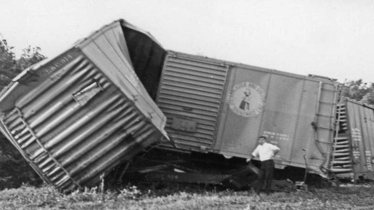 
The remains of a Lancaster and Chester Ry box car in Clemson wreck, 1965. 
