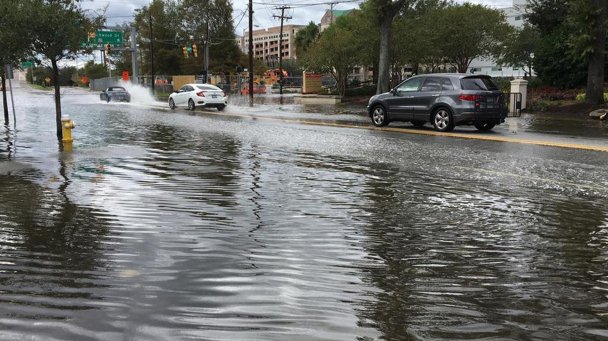 Outside of Roper St. Francis Hospital, car belts screech along Calhoun Street as drivers brave flooding surrounding the medical district in Charleston.