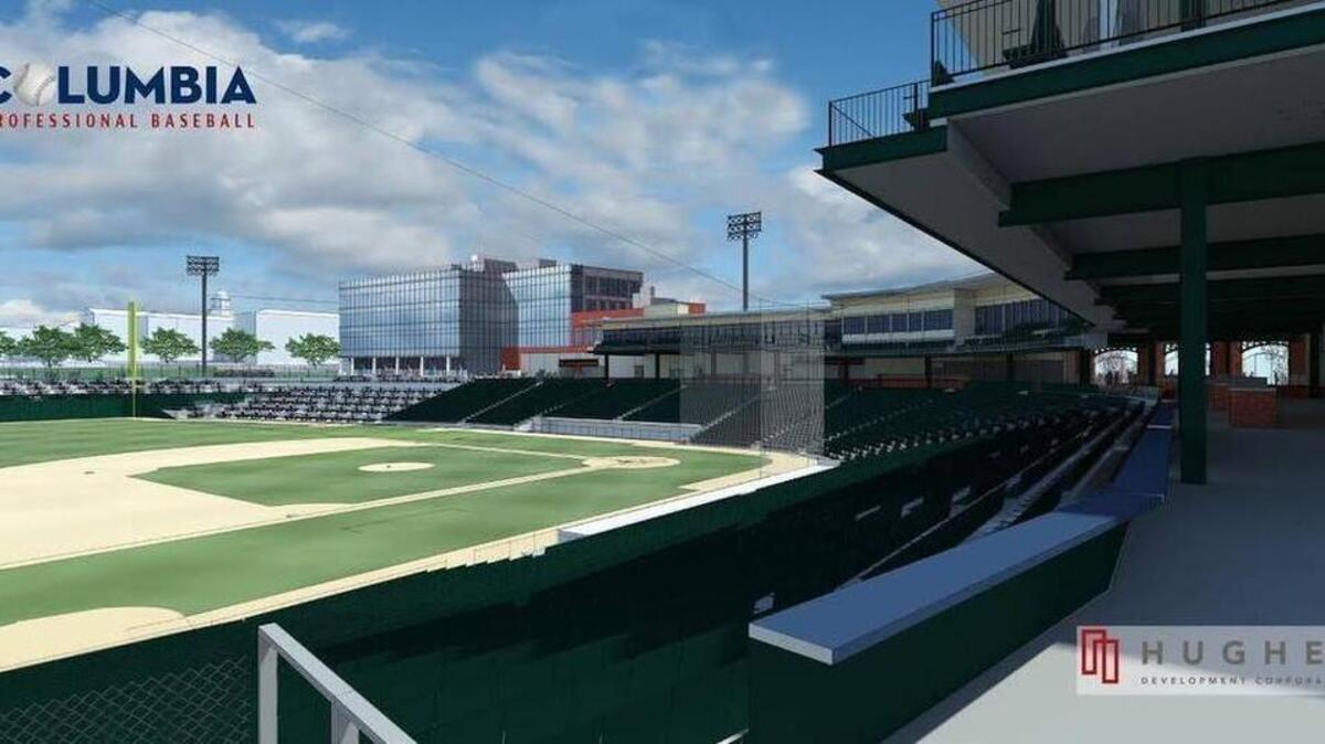 The light-colored portions of the stadium buildings in this rendering were to be covered in stucco, but now will have brick to match the rest of the facility. Cutbacks in other parts of the project allowed the city to get away from stucco.