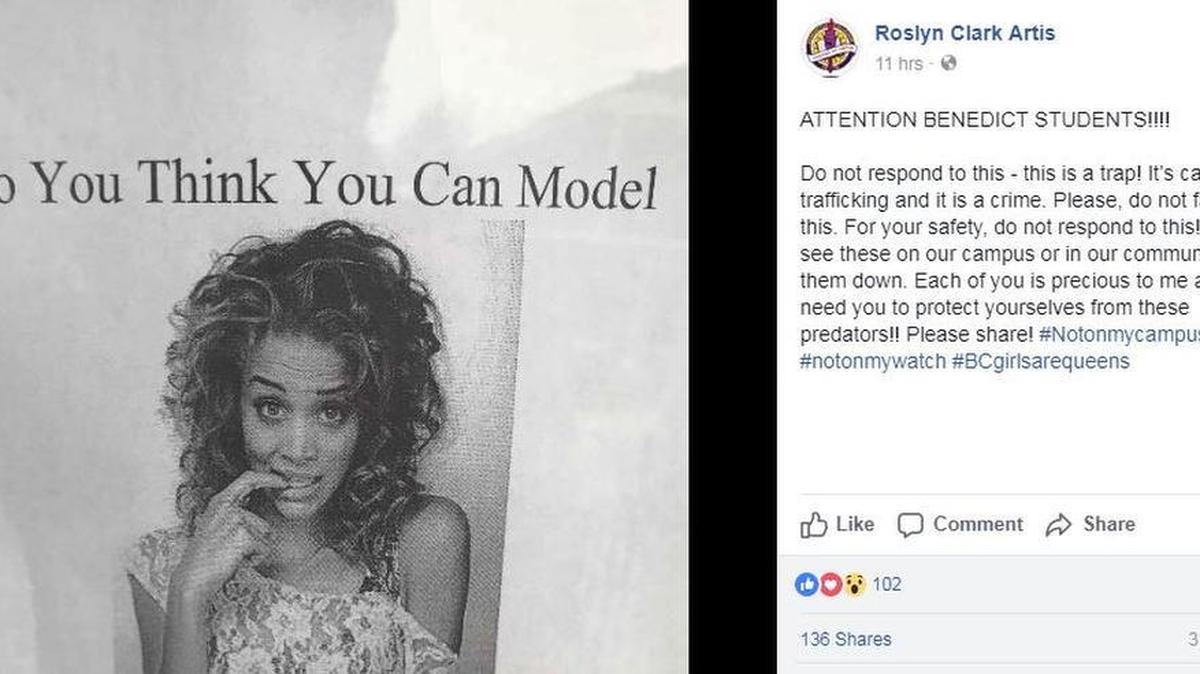 Benedict College President Roslyn Clark Artis posted a warning on Facebook that modeling posters are a trap for sex trafficking.