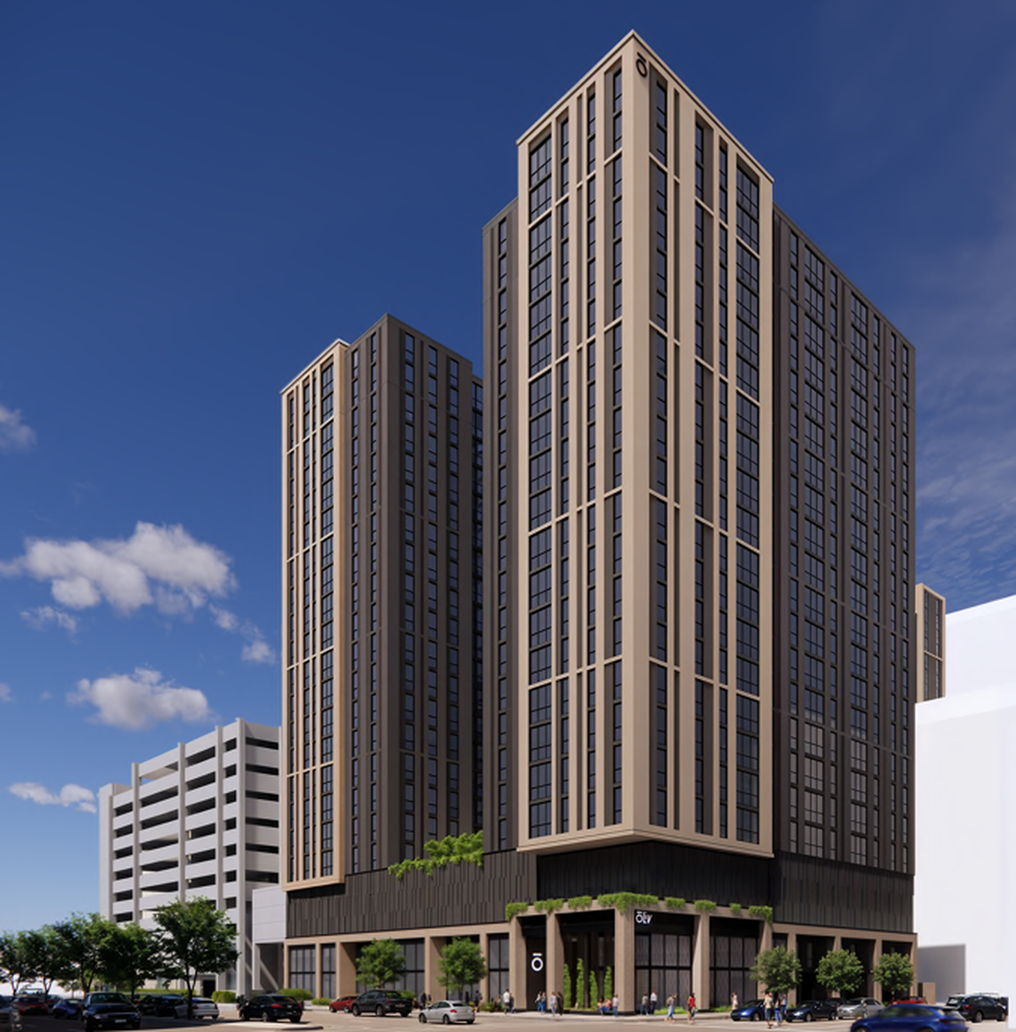 Renderings for planned apartment towers on Columbia’s Main Street, 22 floors for student apartments and 26 floors for market-rate apartments. Developer Core Spaces, which also did The Hub across the street, is behind the project. 