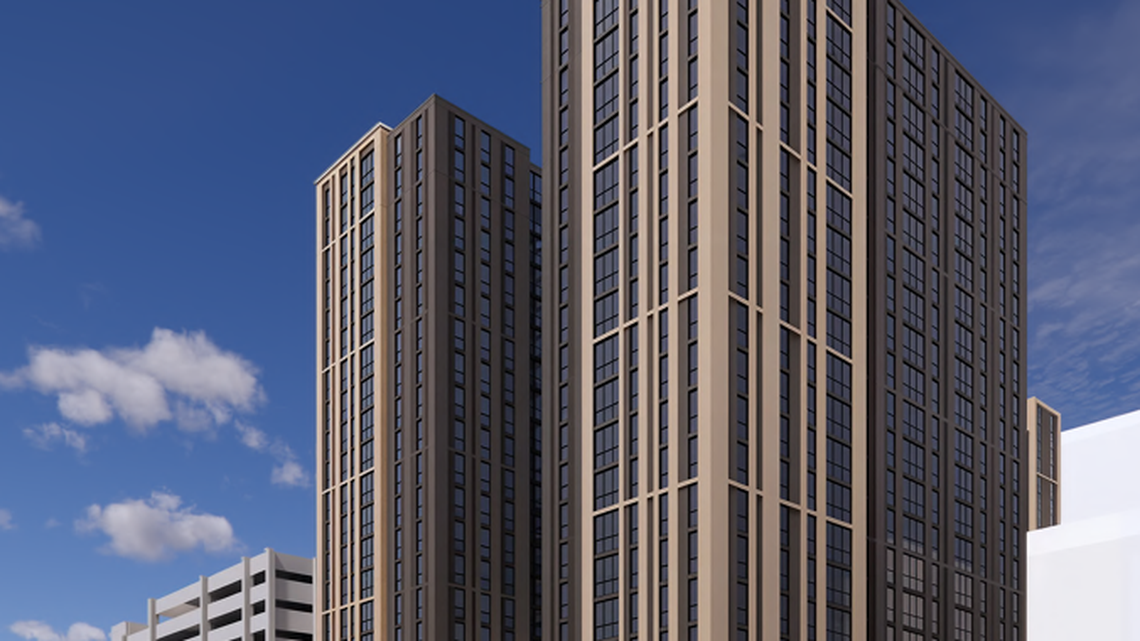 Renderings for planned apartment towers on Columbia’s Main Street, 22 floors for student apartments and 26 floors for market-rate apartments. Developer Core Spaces, which also did The Hub across the street, is behind the project.
