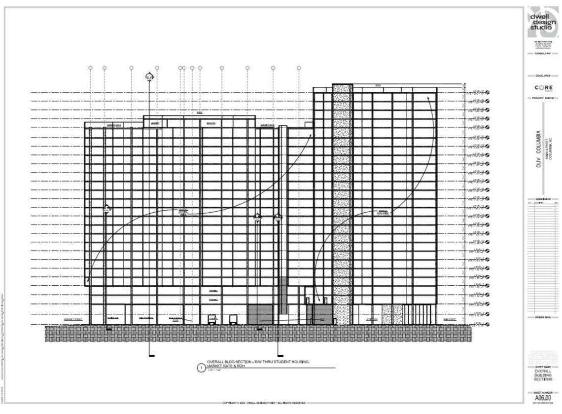 A portion of the building plans for two new housing towers downtown, shared with the Board of Zoning Appeals. Developer Core Spaces hopes to build a 22-story student dorm and a 26-story market-rate apartment building on a lot on Main Street. The sketch shows the market-rate apartments on the right and the shorter student dorm on the left.
