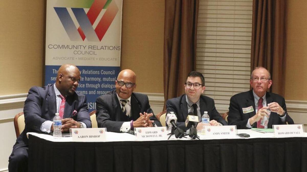 Columbia City Council District 2 candidates the Revs. Aaron Bishop and Ed McDowell Jr., left, squared off in a forum last week. Newcomer Andy Smith and veteran municipal official Howard Duvall, right, are in a runoff for a citywide seat.
