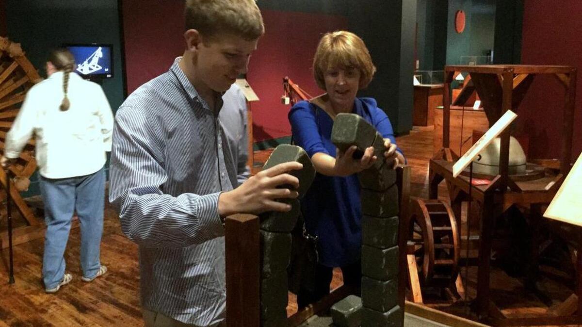 J.T. Parrish and his mother, Cindy Parrish, examine a recreation of a Roman arch at the SC State Museum.