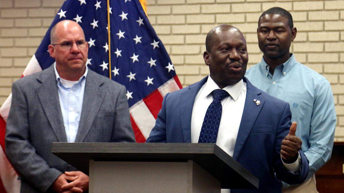 Former Cayce police chief Herbert Blake (center) is introduced by the city at a press conference on Oct. 29, 2024. Hired in September, Blake handed in his resignation in December.