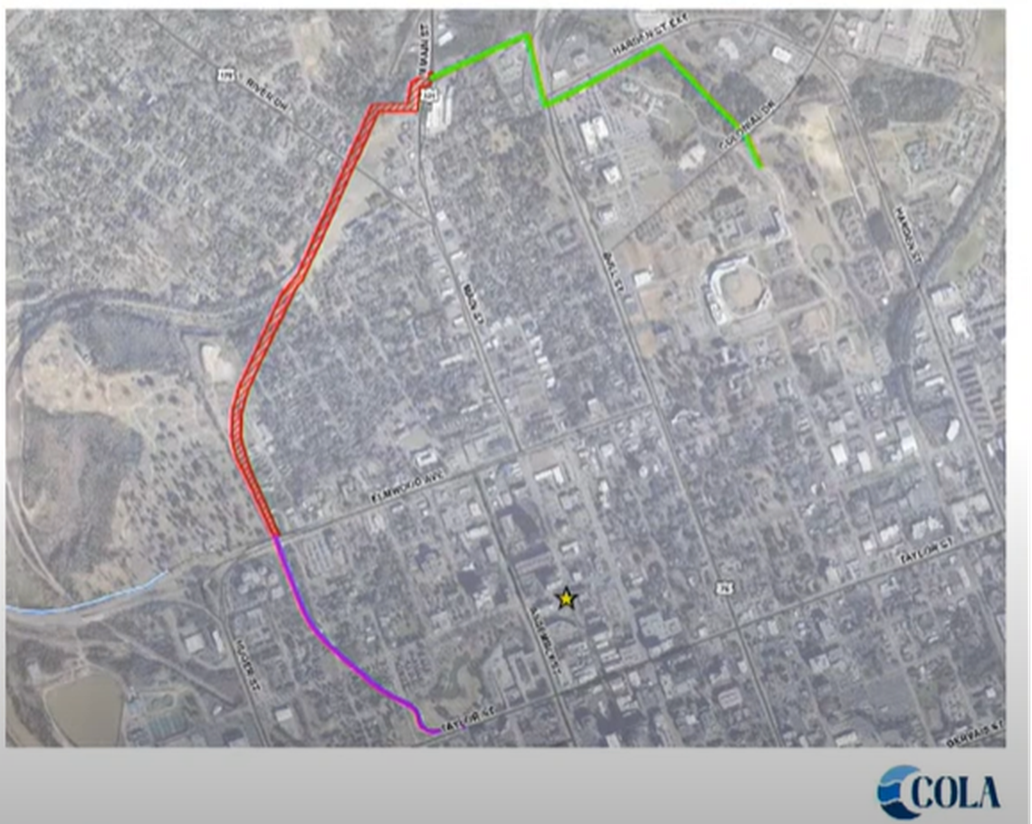 The city of Columbia is planning to extend the Vista Greenway all the way to the BullStreet District. City planners shared a fuzzy map of the planned trail during a presentation to city council members Tuesday. The portion of trail highlighted in purple is the existing Vista Greenway. The portion in red is the next phase, which will go from Elmwood Avenue to North Main Street. The portion in green is the final proposed stretch, from North Main Street to Page Ellington Park in the BullStreet District.