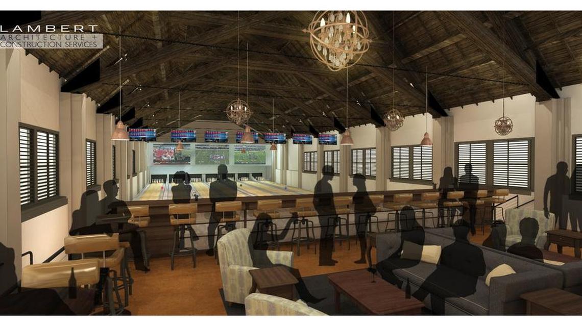 An artist’s rendering of the lanes at The Grand bowling alley, opening on Columbia’s Main Street.