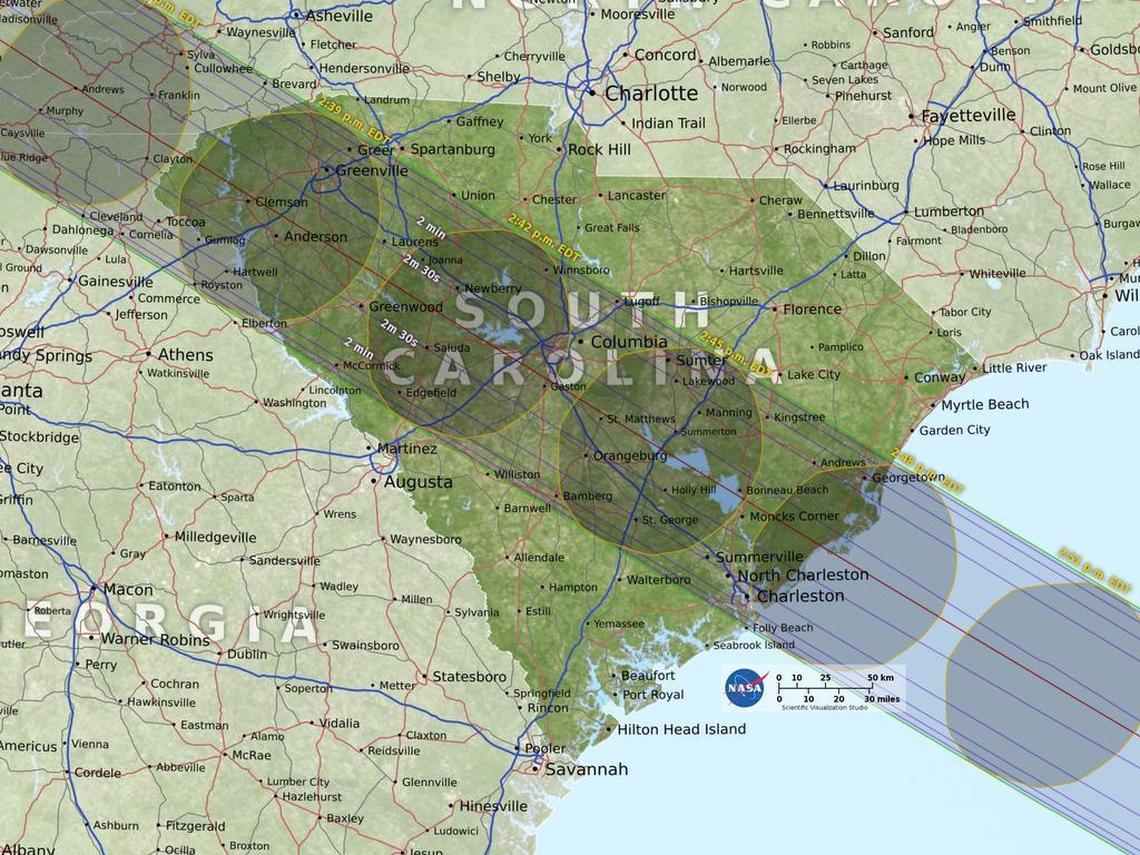 The eclipse path through South Carolina