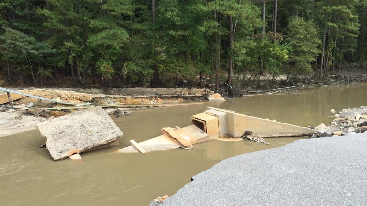 Remains of the Cary Lake dam after a 2015 storm flooded Columbia’s Gills Creek watershed. Homeowners rebuild the dam to replace the earthen one that blew out.