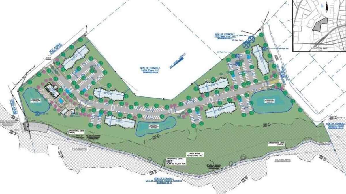 Site Plan for a 144-apartment complex in Columbia SC to be located north of Richland Memorial Hospital. The project will be split into six buildings across roughly 17 acres. The site plan was prepared by Cox and Dinkins, Inc.