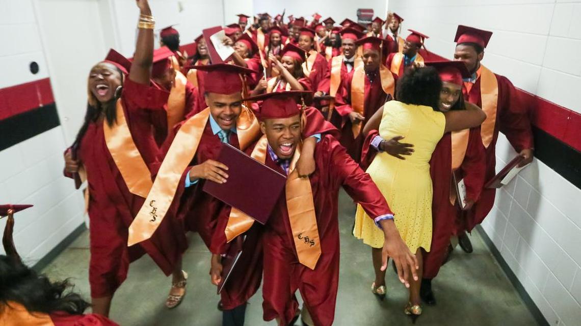 Graduates from Columbia High School celebrate in 2016. Columbia Mayor Steve Benjamin proposes providing a free college education for every student who graduates from public schools in Columbia.