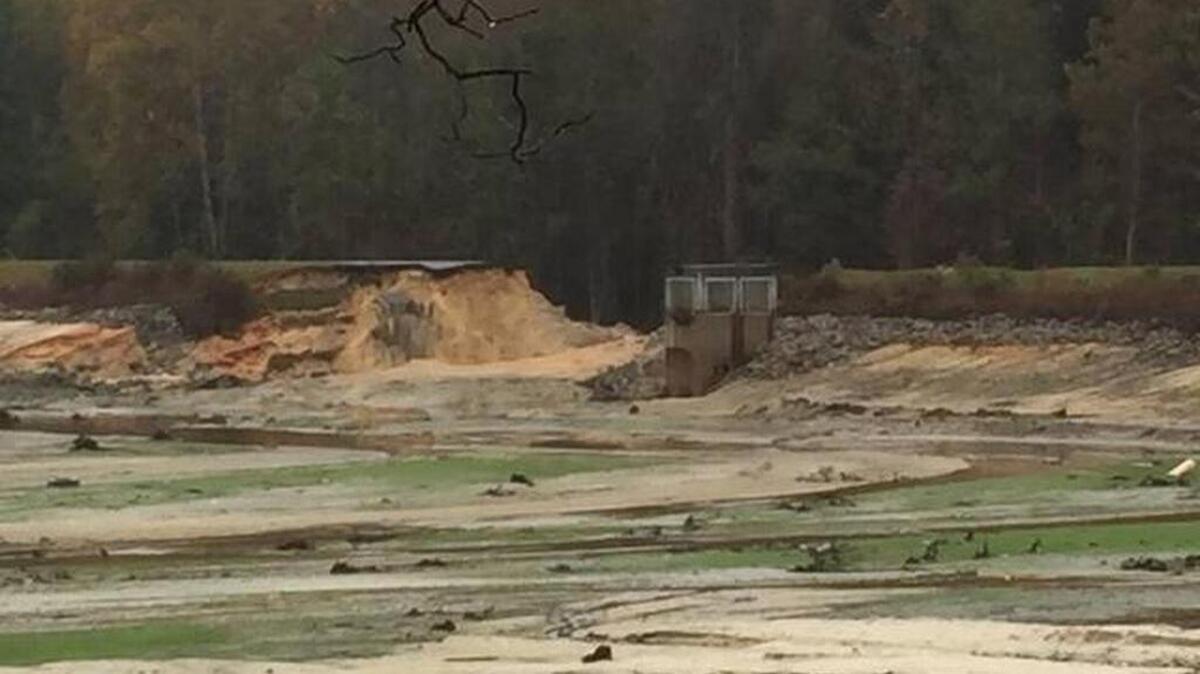 Semmes Lake dam at Fort Jackson. The earthen structure blew out during the October floods in Columbia.