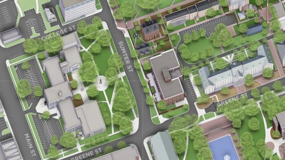 (USC campus map closeup of College Street and Sumter Street intersection.) A USC shuttle bus collided with a deer on Friday, September 29, 2017 near College and Sumter streets, the university said.