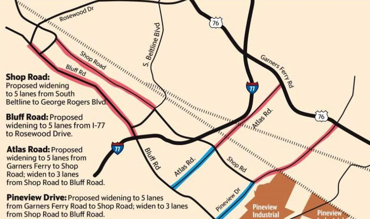 Richland County penny sales tax money is widening Bluff and Shop roads between Rosewood Drive and I-77 as well as parts of Atlas Road and Pineview Drive.