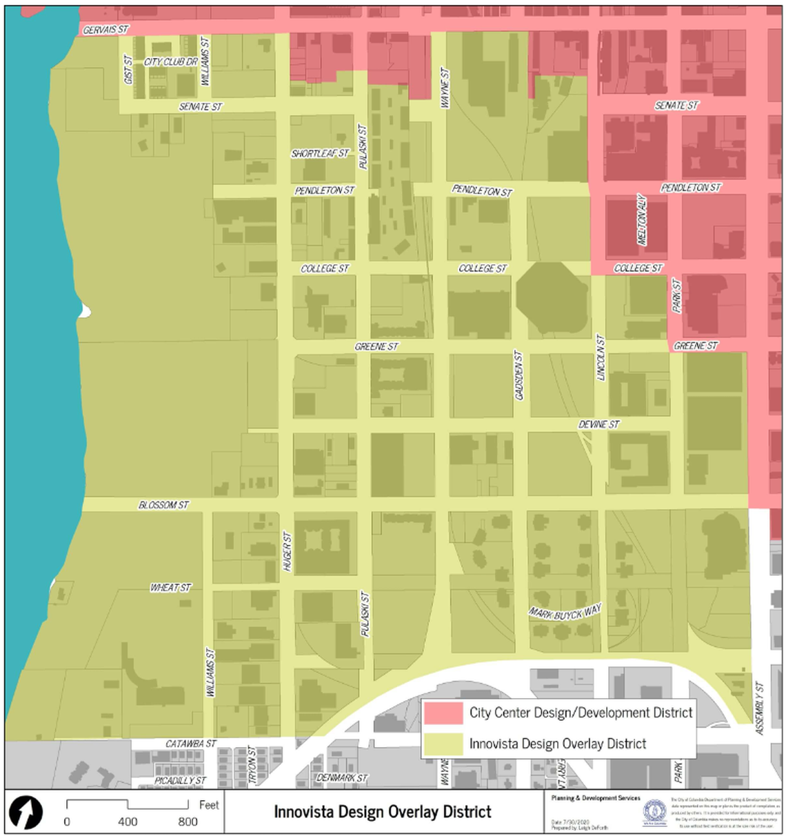 A map showing the boundaries of the Innovista design overlay district in downtown Columbia, SC.