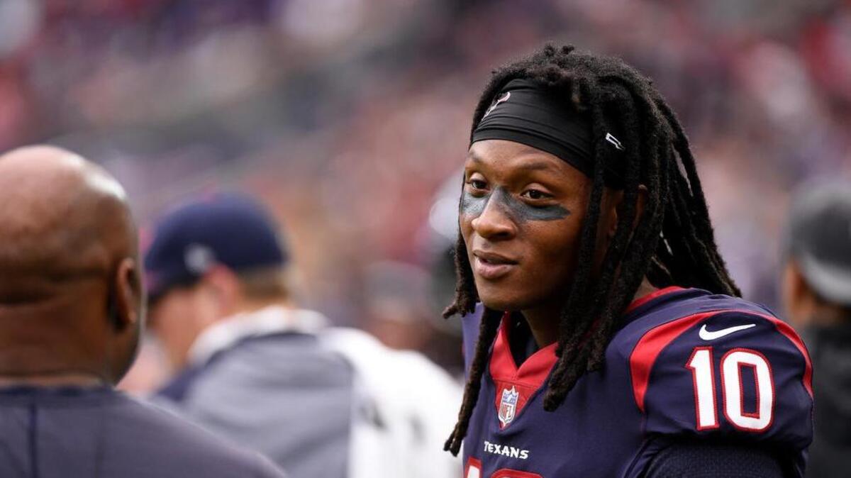 Houston Texans wide receiver DeAndre Hopkins (10) talks on the sideline during an NFL football game against the Cleveland Browns on Sunday, Oct. 15, 2017, in Houston.