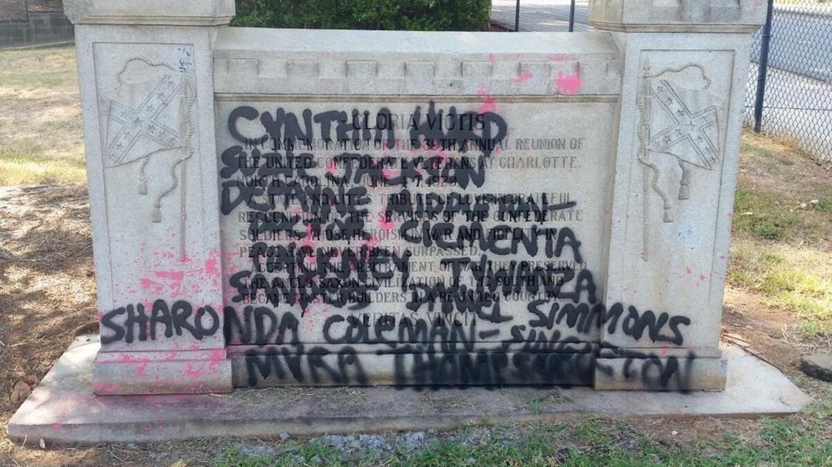 
A Confederate monument in Charlotte has been vandalized for the second time in three weeks.
