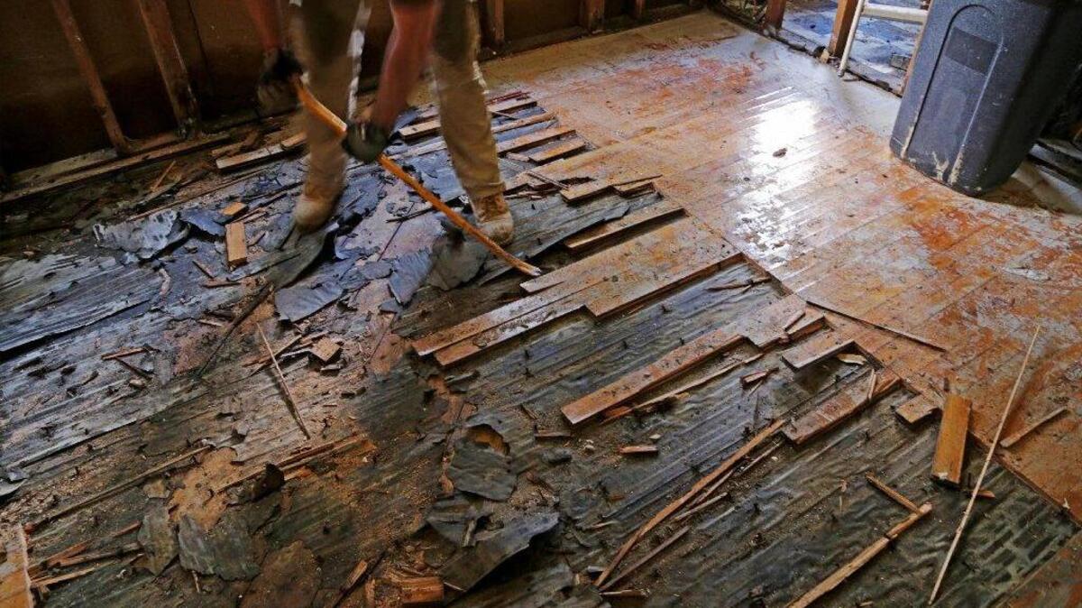 
Robert Fairfax, with Shea Remodeling, tears up the floors at a home near Lake Katherine this week.
