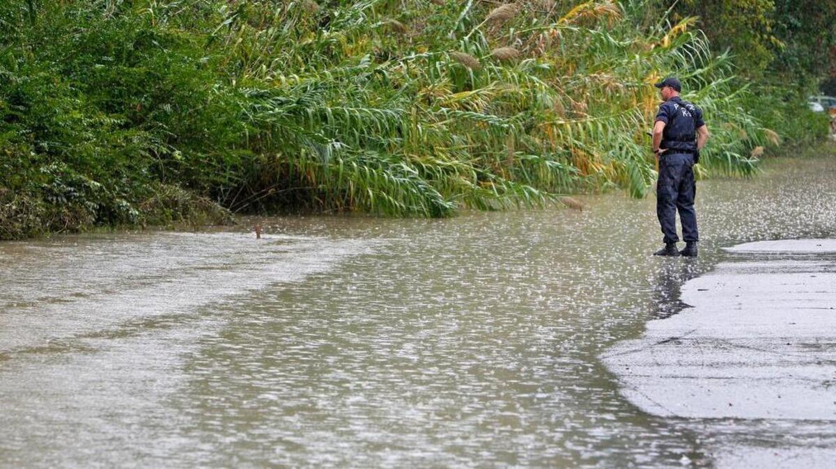 
Columbia Police officer Chad Newman looks as the water rises off Gills Creek onto Timberlane Drive in Columbia on Saturday.
