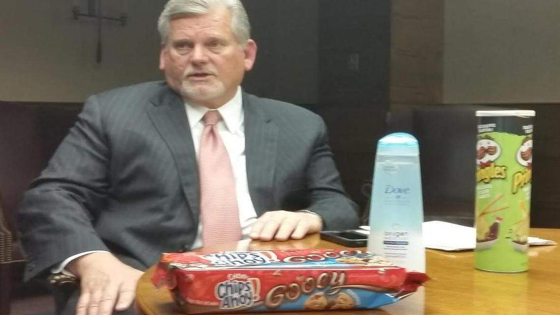 
Sonoco CEO Jack Sanders, shows some of his company’s products Tuesday while talking his support for a gas tax increase. 
