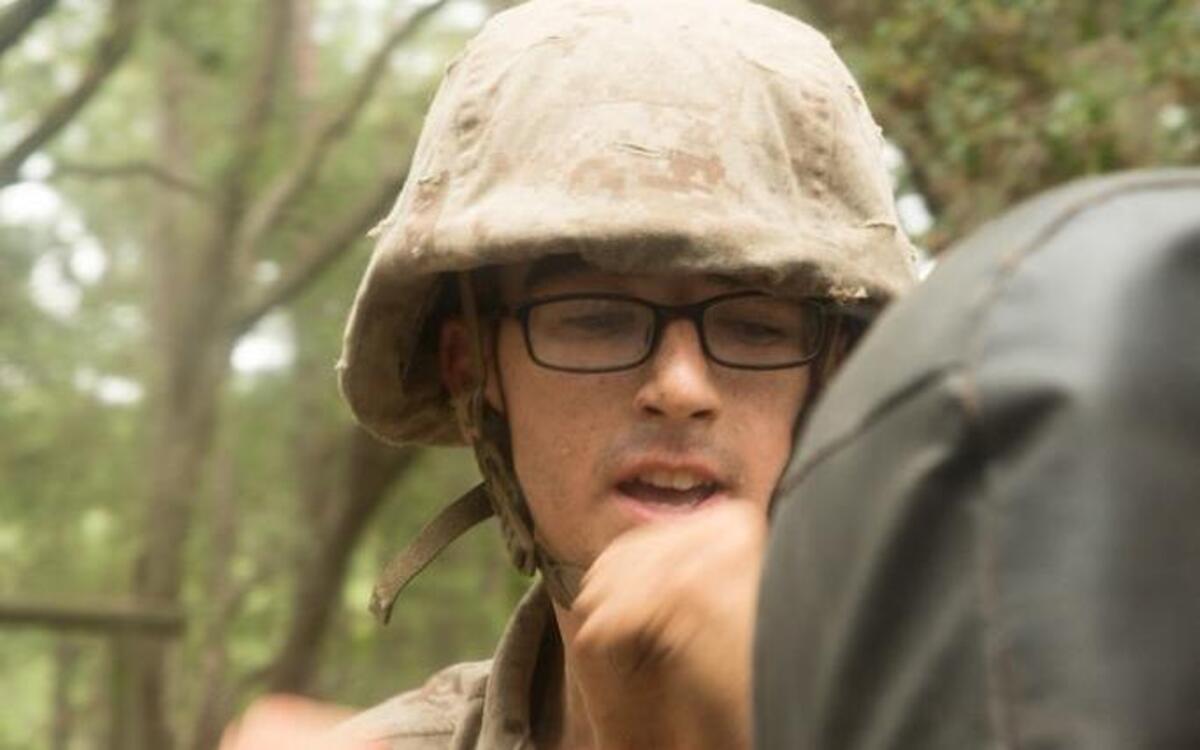 Sebastian Haag practices an upper body strike during training at Marine Corps Recruit Depot Parris Island.