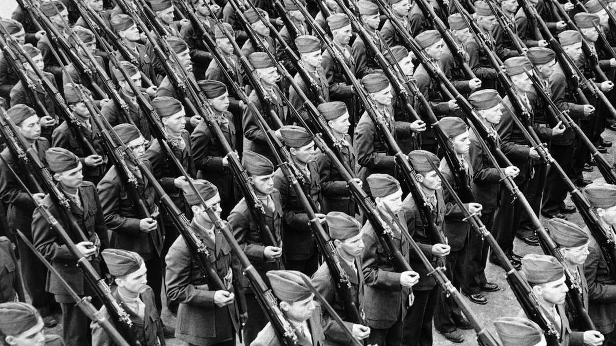 New recruits for the U.S. marines during a parade, part of training on Parris Island in 1942.