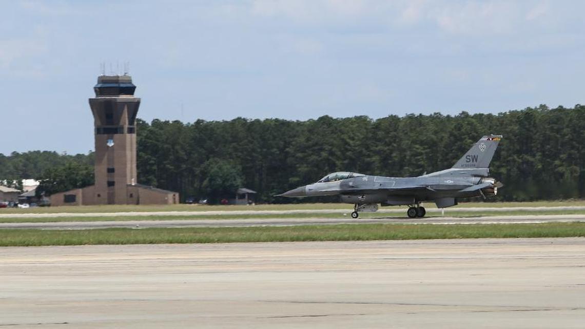 A F-16 Fighting Falcon at Shaw Air Force Base for the anniversary.