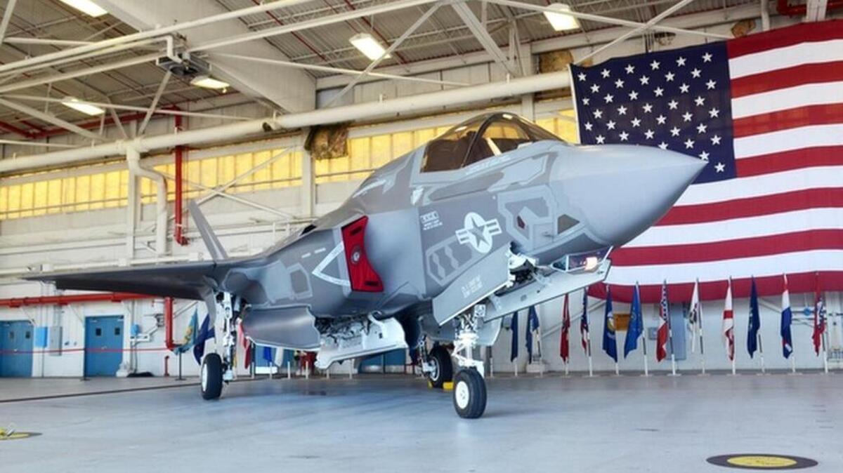 
The F-35B on display in a hangar. 
